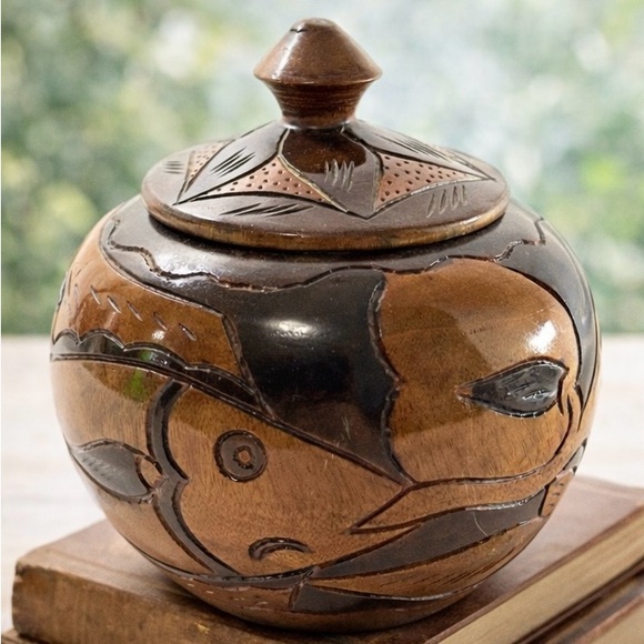 Handmade Other - Hand Carved Teak Wood Lidded Jar Indonesian Folk Art Animal Motif Trinket Box 5”
